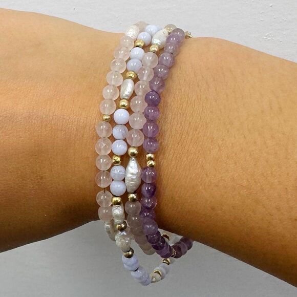 Vintage 14k Yellow Gold Pearl Rose Quartz Bead Ball Bracelet 7" - Picture 2 of 11